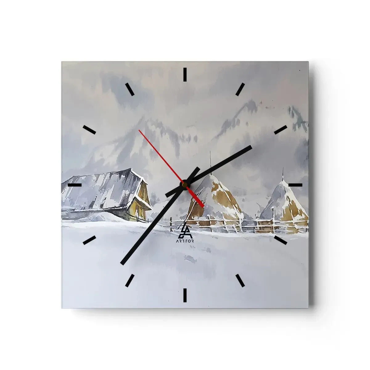 Reloj de pared - Reloj de vidrio - Paisaje invernal con una cabaña y pajares en las montañas - 30x30cm - En un valle nevado - Decoración de pared moderna para salón y dormitorio ARTTOR