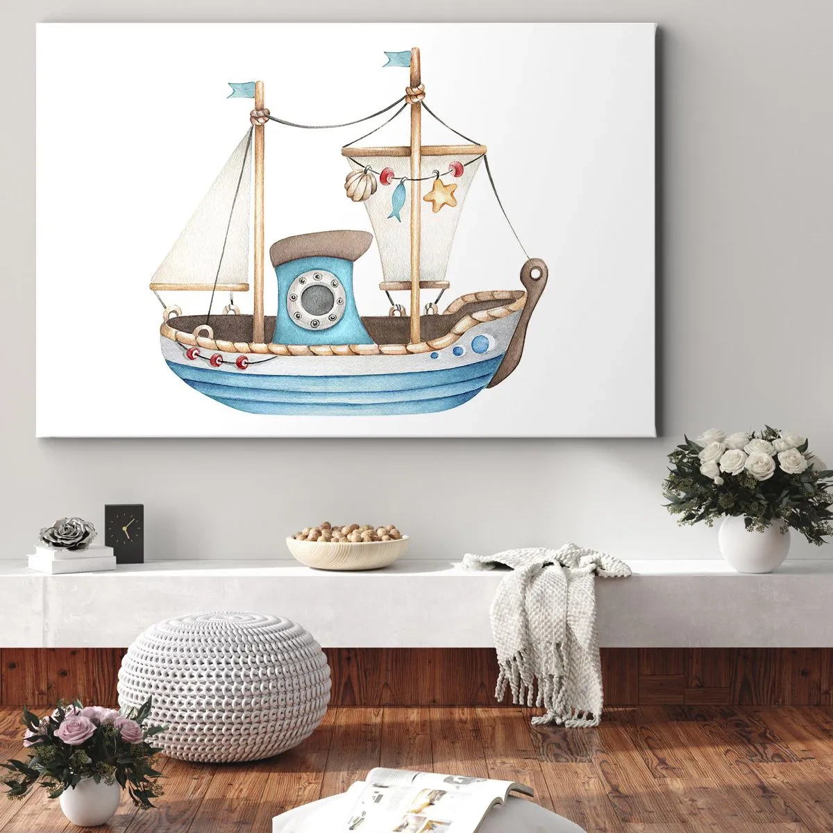 Cuadro sobre lienzo - Impresión de Imagen - Ilustración de un barco en colores pastel sobre un fondo blanco. - 120x80cm - A la aventura - Decoración de pared moderna para salón y dormitorio ARTTOR