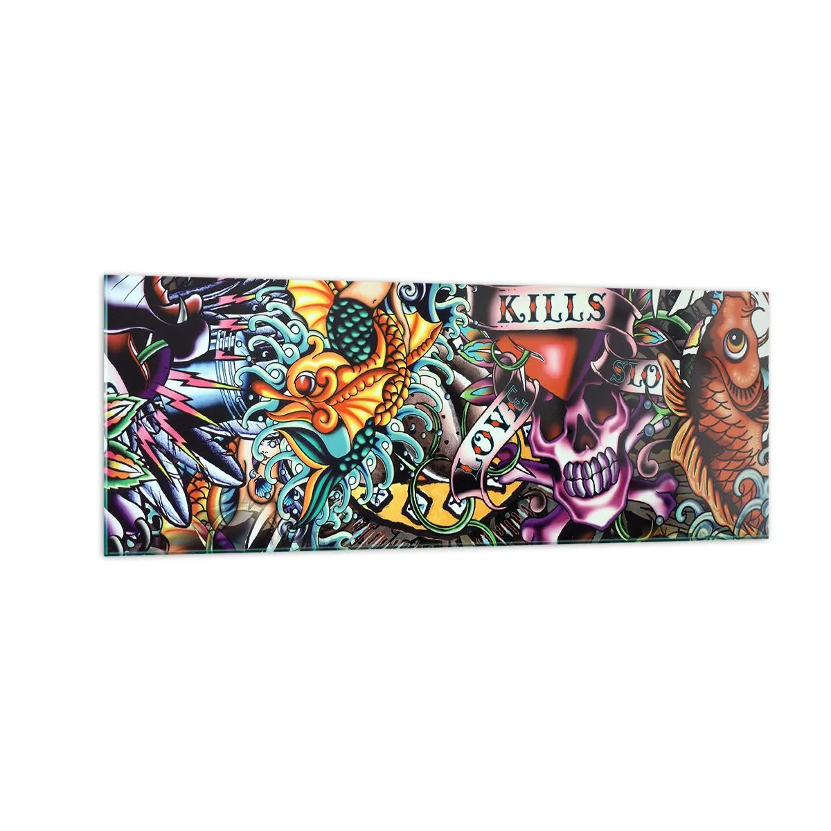 Cuadro sobre vidrio - Impresiones sobre Vidrio - Obra de arte colorida estilo tatuaje con calaveras y motivos náuticos. - 140x50cm - El sueño de un tatuador - Decoración de pared moderna para salón y dormitorio ARTTOR