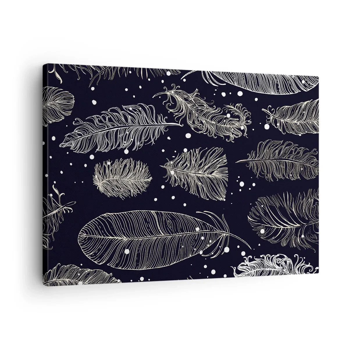 Cuadro sobre lienzo - Impresión de Imagen - Delicadas plumas blancas sobre un fondo azul marino. - 70x50cm - Encaje de plumas - Decoración de pared moderna para salón y dormitorio ARTTOR