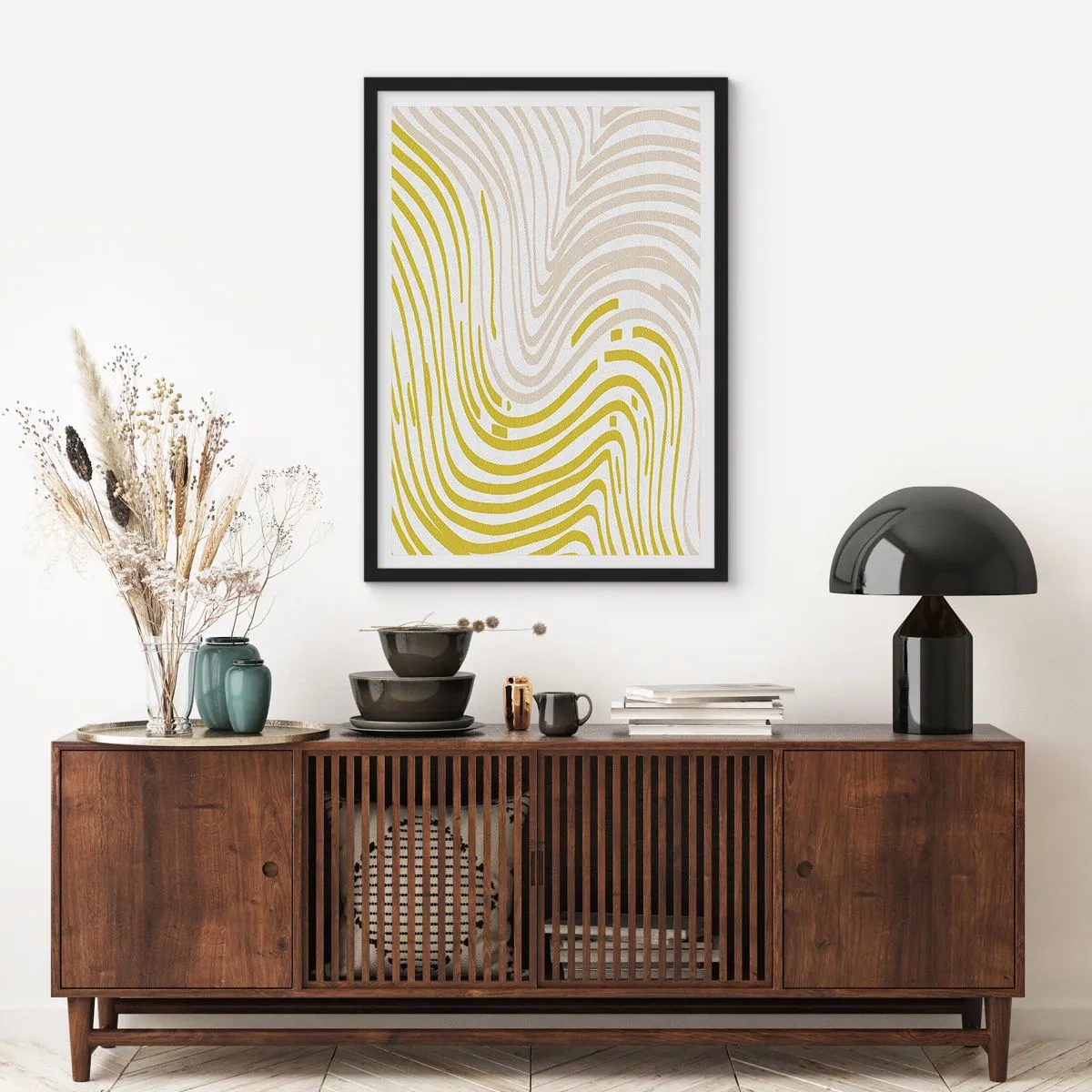 Póster en marco negro - Una composición abstracta de líneas onduladas en tonos beige y amarillo. - 50x70cm - Composición curvada - Decoración de pared moderna para salón y dormitorio ARTTOR
