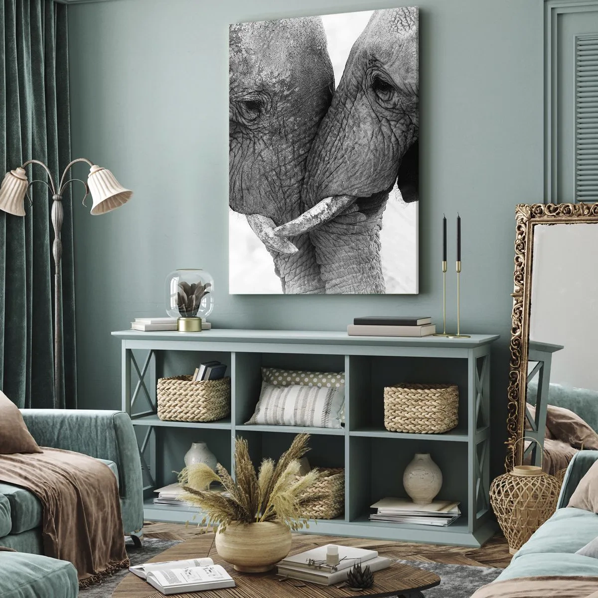 Cuadro sobre lienzo - Impresión de Imagen - Dos elefantes en un gesto tierno sobre un fondo monocromático. - 50x70cm - Una confesión sincera - Decoración de pared moderna para salón y dormitorio ARTTOR