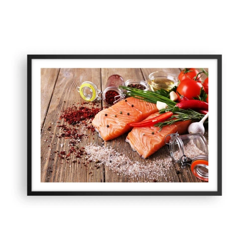 Póster en marco negro - Filetes de salmón con especias sobre fondo de madera. - 70x50cm - Una aventura noruega en la cocina - Decoración de pared moderna para salón y dormitorio ARTTOR