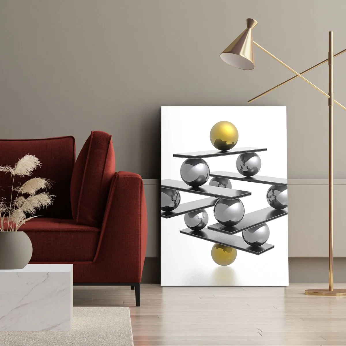 Cuadro sobre lienzo - Impresión de Imagen - Composición geométrica con bolas de metal y acento dorado. - 80x120cm - Balance de oro y plata - Decoración de pared moderna para salón y dormitorio ARTTOR