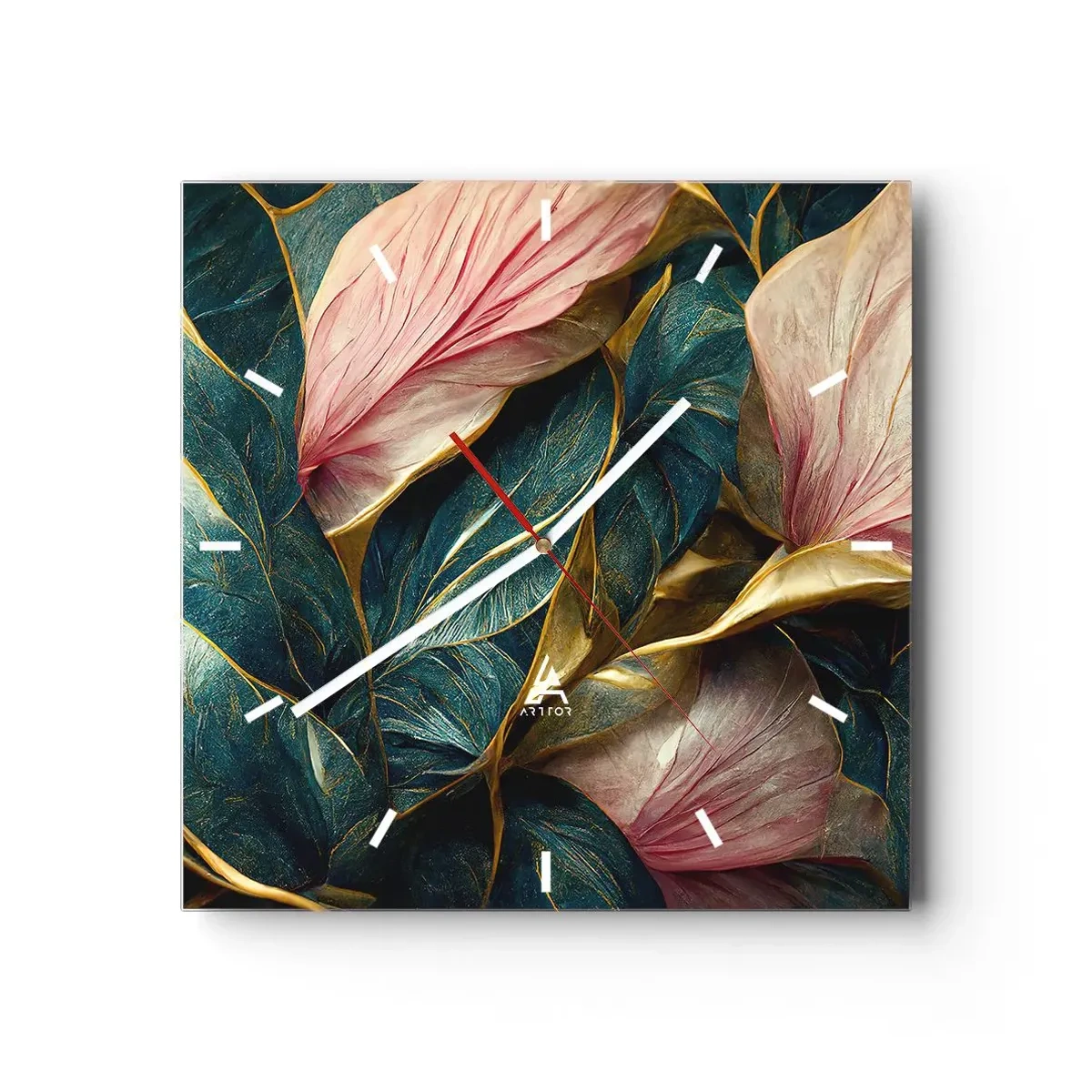 Reloj de pared - Reloj de vidrio - Hojas elegantes en verde, dorado y rosa. - 30x30cm - Elegancia y estilo naturales - Decoración de pared moderna para salón y dormitorio ARTTOR