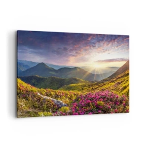 Cuadro sobre lienzo - Impresión de Imagen - Paisaje de montaña con rododendros en flor - 120x80cm - La frescura de una mañana de montaña - Decoración de pared moderna para salón y dormitorio ARTTOR