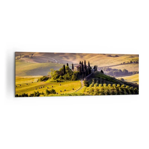 Cuadro sobre lienzo - Impresión de Imagen - Paisaje toscano con viñedos y una casa en una colina. - 160x50cm - Paisaje toscano - Decoración de pared moderna para salón y dormitorio ARTTOR