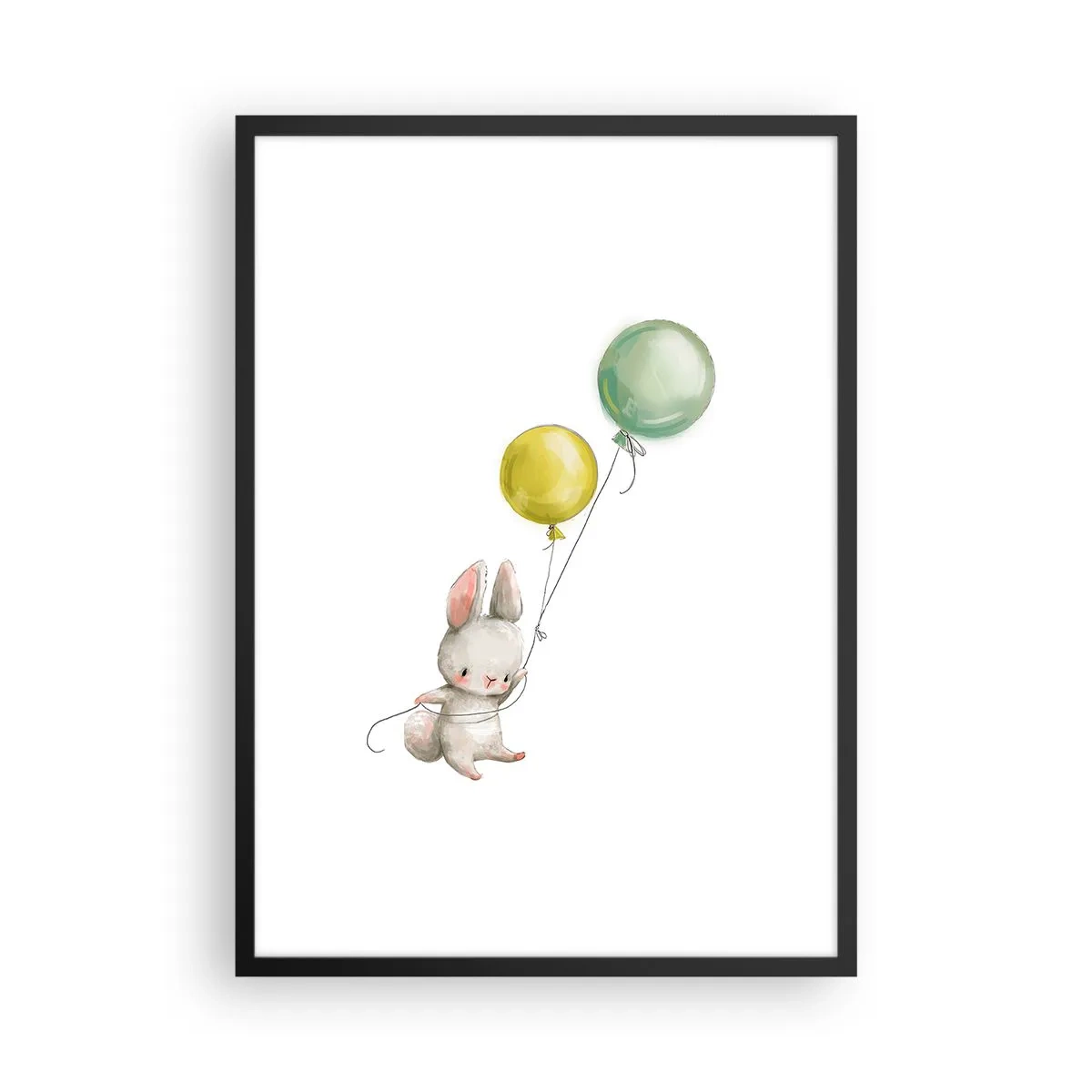 Póster en marco negro - Un conejo sosteniendo dos globos verdes y amarillos. - 50x70cm - ¡Yo también volaré! - Decoración de pared moderna para salón y dormitorio ARTTOR