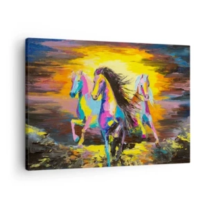 Cuadro sobre lienzo - Impresión de Imagen - Caballos coloridos galopando con el sol poniente como telón de fondo - 70x50cm - Sumergido en un arco iris - Decoración de pared moderna para salón y dormitorio ARTTOR