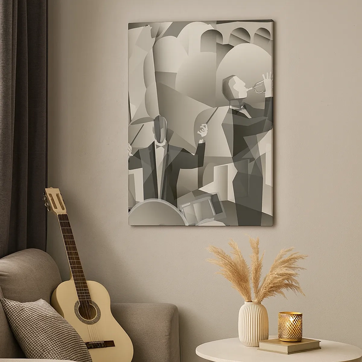 Cuadro sobre lienzo - Impresión de Imagen - Escena abstracta con músicos de jazz en tonos de gris. - 50x70cm - En el espacio de los sonidos - Decoración de pared moderna para salón y dormitorio ARTTOR