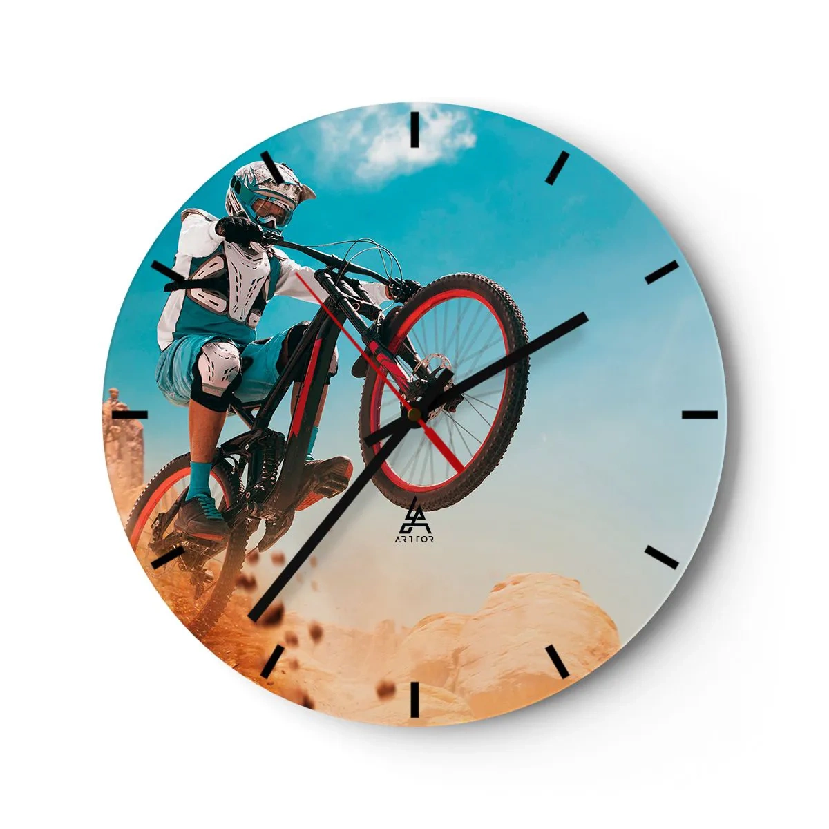 Reloj de pared - Reloj de vidrio - Un ciclista de montaña haciendo un salto. - 30x30cm - Locura sobre dos ruedas - Decoración de pared moderna para salón, cocina y dormitorio ARTTOR