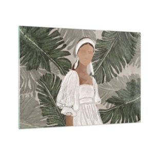 Cuadro sobre vidrio - Impresiones sobre Vidrio - Una mujer con un vestido blanco sobre un fondo de hojas tropicales verdes. - 70x50cm - Retrato exótico - Decoración de pared moderna para salón y dormitorio ARTTOR
