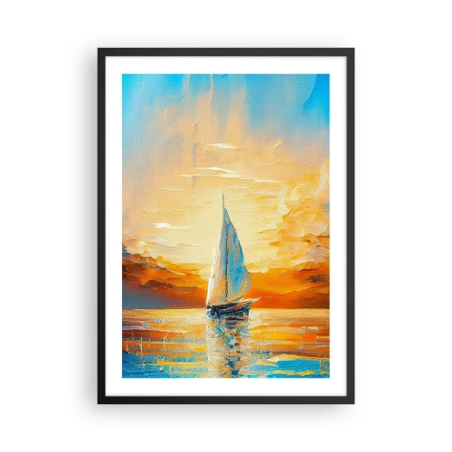 Póster en marco negro - Un velero con el telón de fondo de una puesta de sol dorada. - 50x70cm - Navegando en oro - Decoración de pared moderna para salón y dormitorio ARTTOR