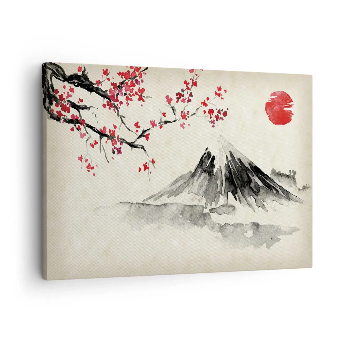Cuadro sobre lienzo - Impresión de Imagen - Un paisaje pintoresco con una montaña, cerezos en flor y sol. - 70x50cm - Enamórate de Japón - Decoración de pared moderna para salón y dormitorio ARTTOR