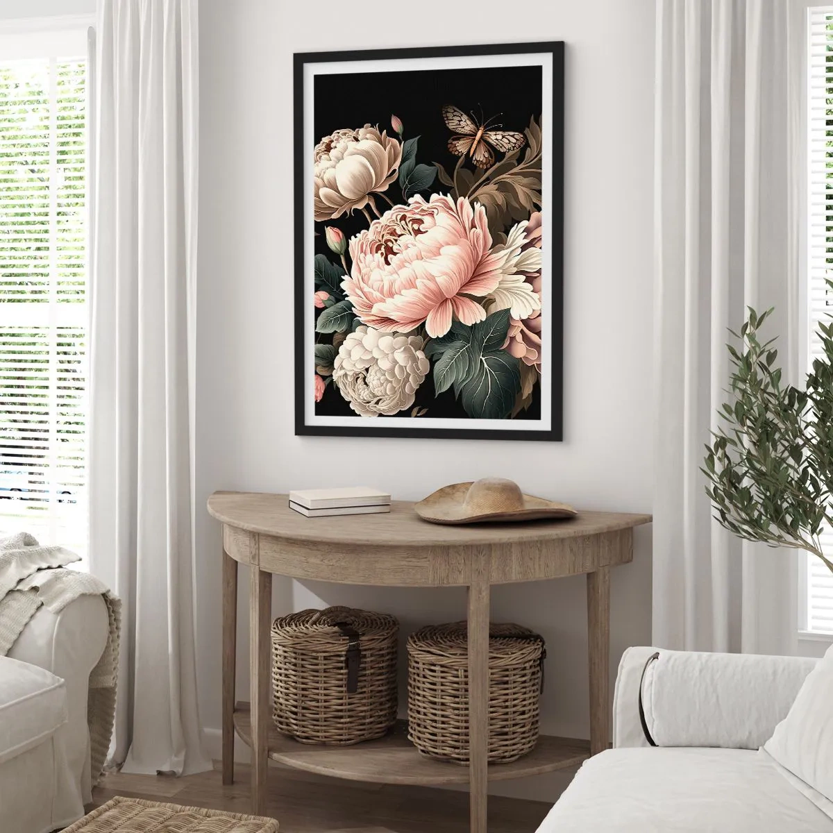 Póster en marco negro - Elegantes peonías y una mariposa sobre fondo negro. - 50x70cm - En estilo barroco - Decoración de pared moderna para salón y dormitorio ARTTOR