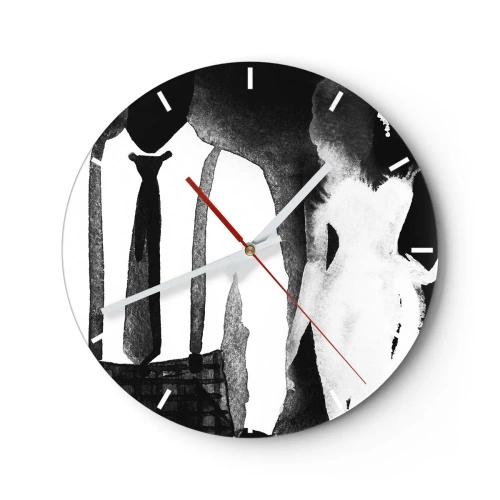 Reloj de pared - Reloj de vidrio - Siluetas de una mujer y un hombre en una atmósfera noir en blanco y negro - 30x30cm - En un ambiente noir - Decoración de pared moderna para salón, cocina y dormitorio ARTTOR