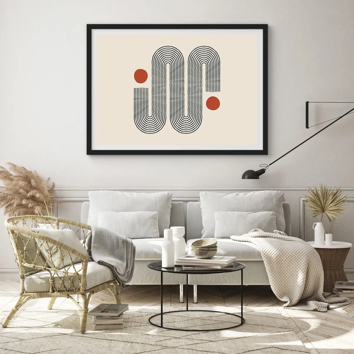 Póster en marco negro - Patrón geométrico con líneas y círculos naranjas. - 70x50cm - De principio a fin - Decoración de pared moderna para salón y dormitorio ARTTOR