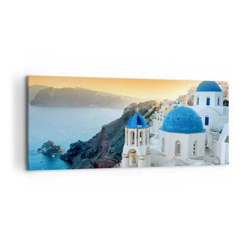 Cuadro sobre lienzo - Impresión de Imagen - Vista de Santorini con edificios blancos y mar azul. - 120x50cm - Santorini - el abrazo a las rocas - Decoración de pared moderna para salón y dormitorio ARTTOR