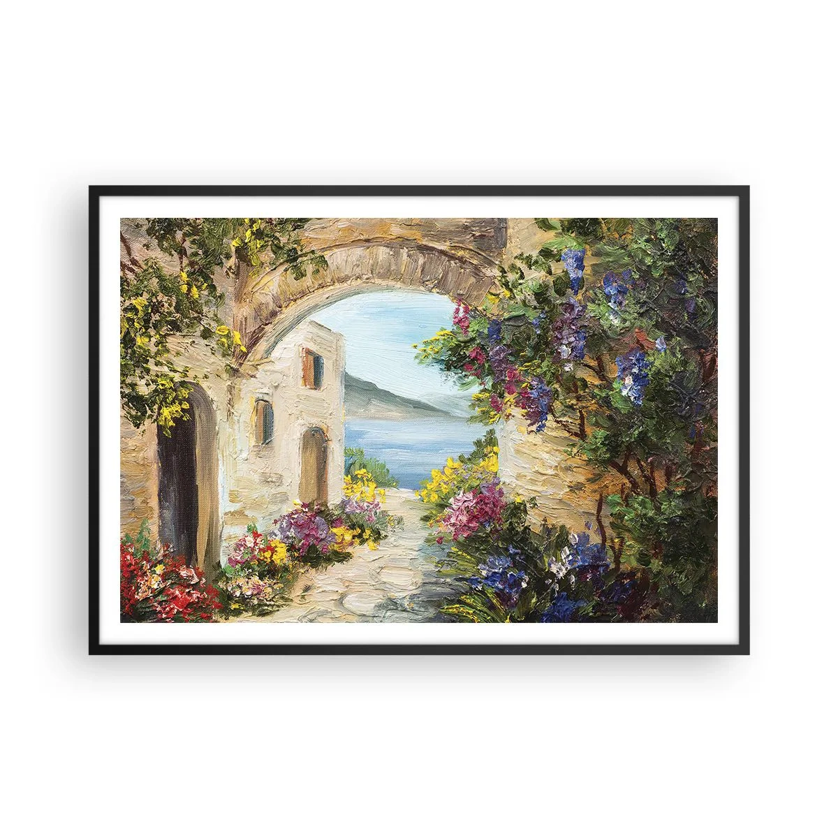 Póster en marco negro - Paisaje costero con edificios de piedra y flores. - 100x70cm - El encanto del paisaje costero - Decoración de pared moderna para salón y dormitorio ARTTOR