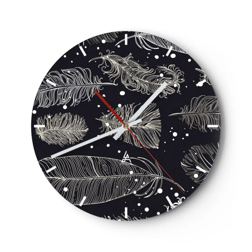 Reloj de pared - Reloj de vidrio - Plumas blancas sobre fondo negro con delicados detalles. - 30x30cm - Encaje de plumas - Decoración de pared moderna para salón, cocina y dormitorio ARTTOR