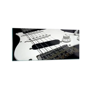 Cuadro sobre vidrio - Impresiones sobre Vidrio - Primer plano de una guitarra eléctrica blanca sobre fondo negro. - 120x50cm - Oculto en blanco está el sonido - Decoración de pared moderna para salón y dormitorio ARTTOR