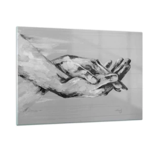 Cuadro sobre vidrio - Impresiones sobre Vidrio - Pintura en blanco y negro de dos manos que se extienden una hacia la otra. - 120x80cm - El comienzo... - Decoración de pared moderna para salón y dormitorio ARTTOR