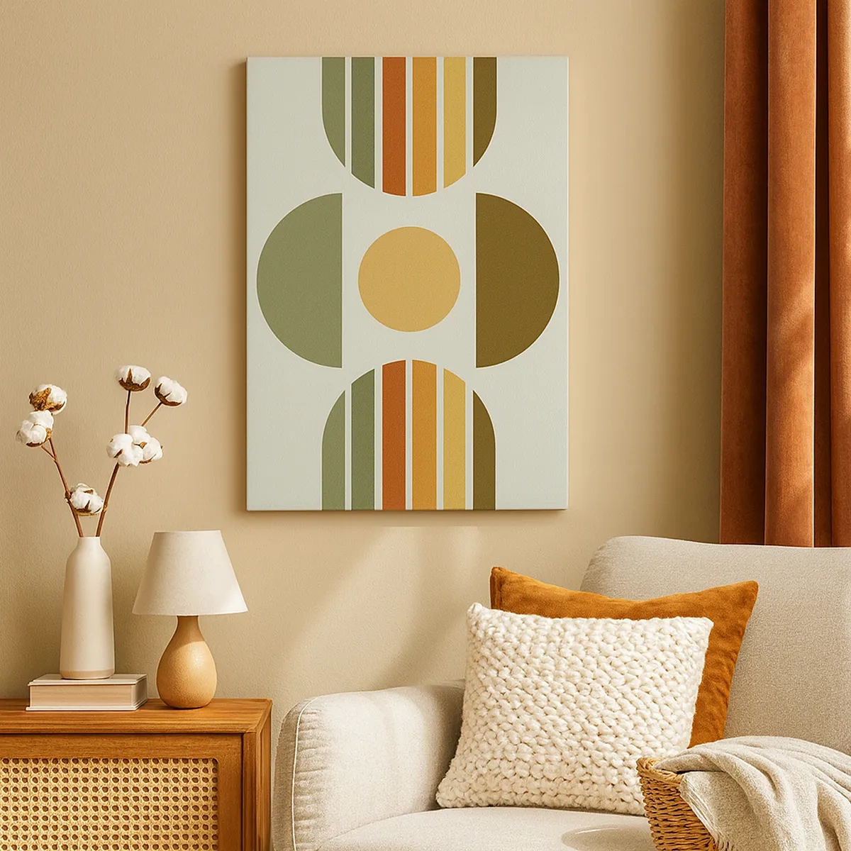 Cuadro sobre lienzo - Impresión de Imagen - Composición geométrica con semicírculos y rayas en tonos tierra. - 50x70cm - Los tonos de la tierra - Decoración de pared moderna para salón y dormitorio ARTTOR