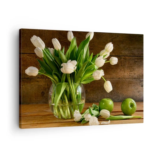 Cuadro sobre lienzo - Impresión de Imagen - Un ramo de tulipanes blancos en un jarrón de cristal con manzanas verdes. - 70x50cm - Jugoso y fresco en verde y blanco - Decoración de pared moderna para salón y dormitorio ARTTOR