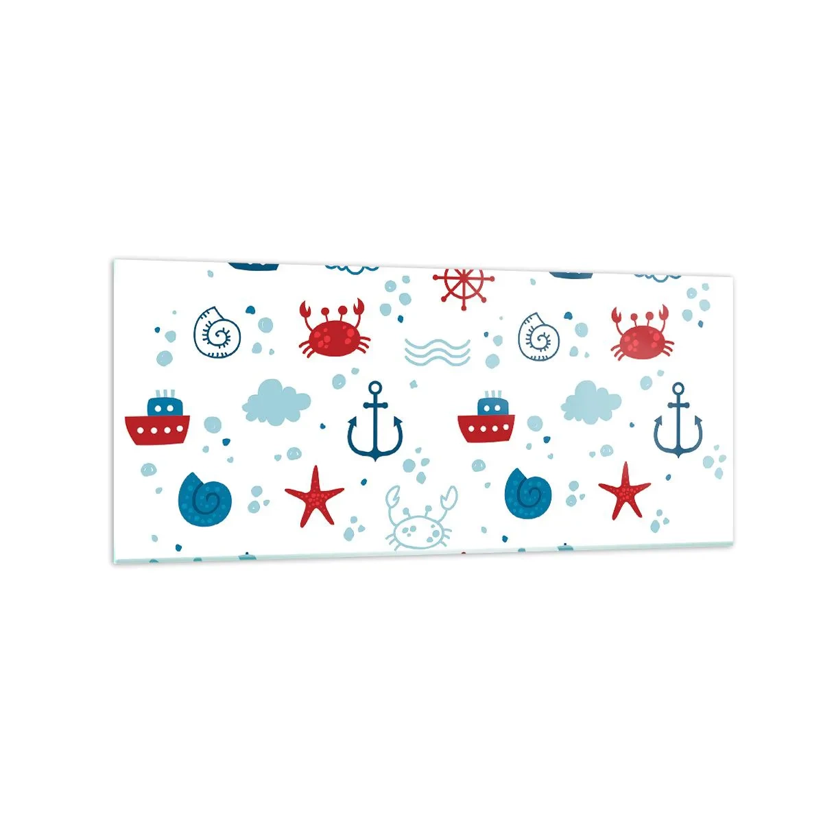 Cuadro sobre vidrio - Impresiones sobre Vidrio - Patrón náutico con anclas, barcos y cangrejos. - 120x50cm - Un cuento de mar - Decoración de pared moderna para salón y dormitorio ARTTOR