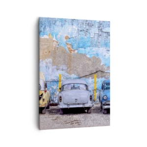 Cuadro sobre lienzo - Impresión de Imagen - Coches antiguos con un muro destruido como telón de fondo - 50x70cm - Reunión de veteranos - Decoración de pared moderna para salón y dormitorio ARTTOR