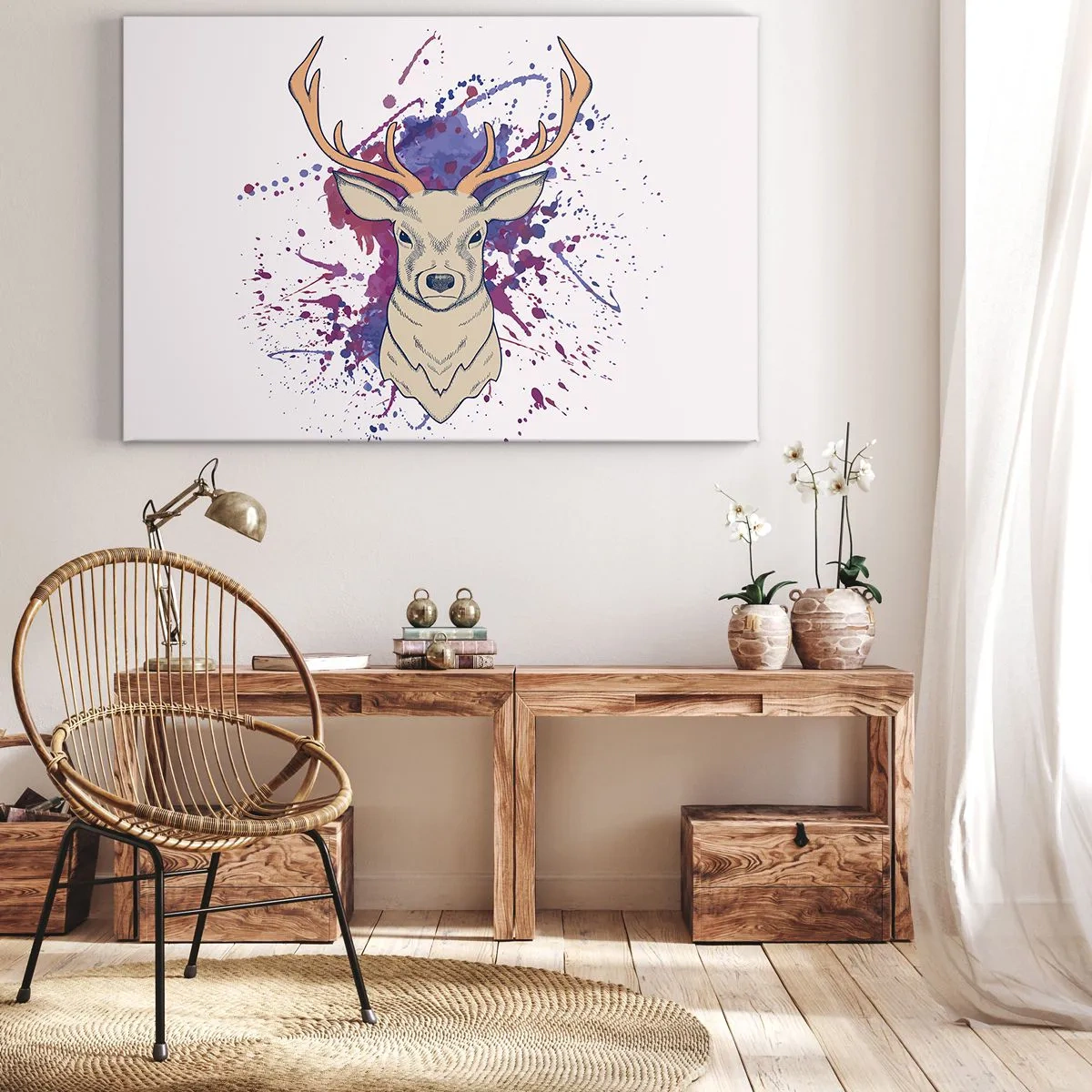 Cuadro sobre lienzo - Impresión de Imagen - Retrato de un ciervo con manchas abstractas en el fondo. - 70x50cm - Valor y equilibrio - Decoración de pared moderna para salón y dormitorio ARTTOR