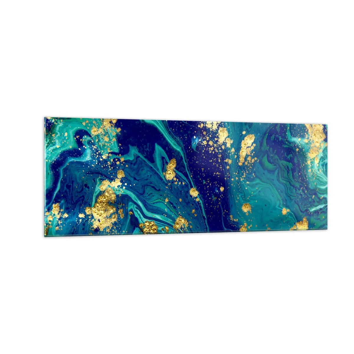 Cuadro sobre vidrio - Impresiones sobre Vidrio - Una composición abstracta con acentos azules, verdes y dorados. - 140x50cm - Pétalos de sol - Decoración de pared moderna para salón y dormitorio ARTTOR