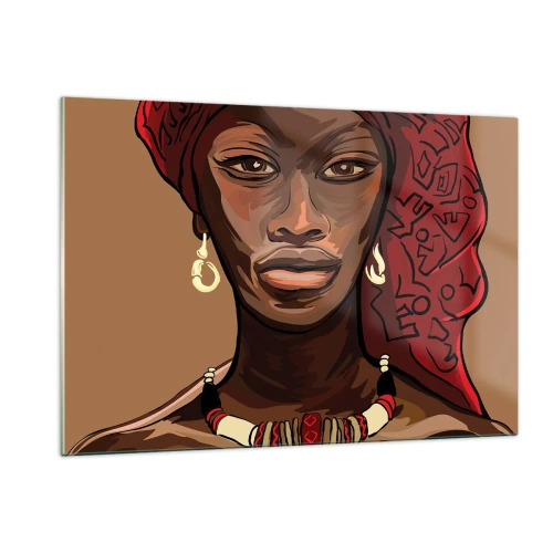 Cuadro sobre vidrio - Impresiones sobre Vidrio - Retrato estilizado de una mujer con turbante rojo y joyas. - 120x80cm - Venus de ébano - Decoración de pared moderna para salón y dormitorio ARTTOR