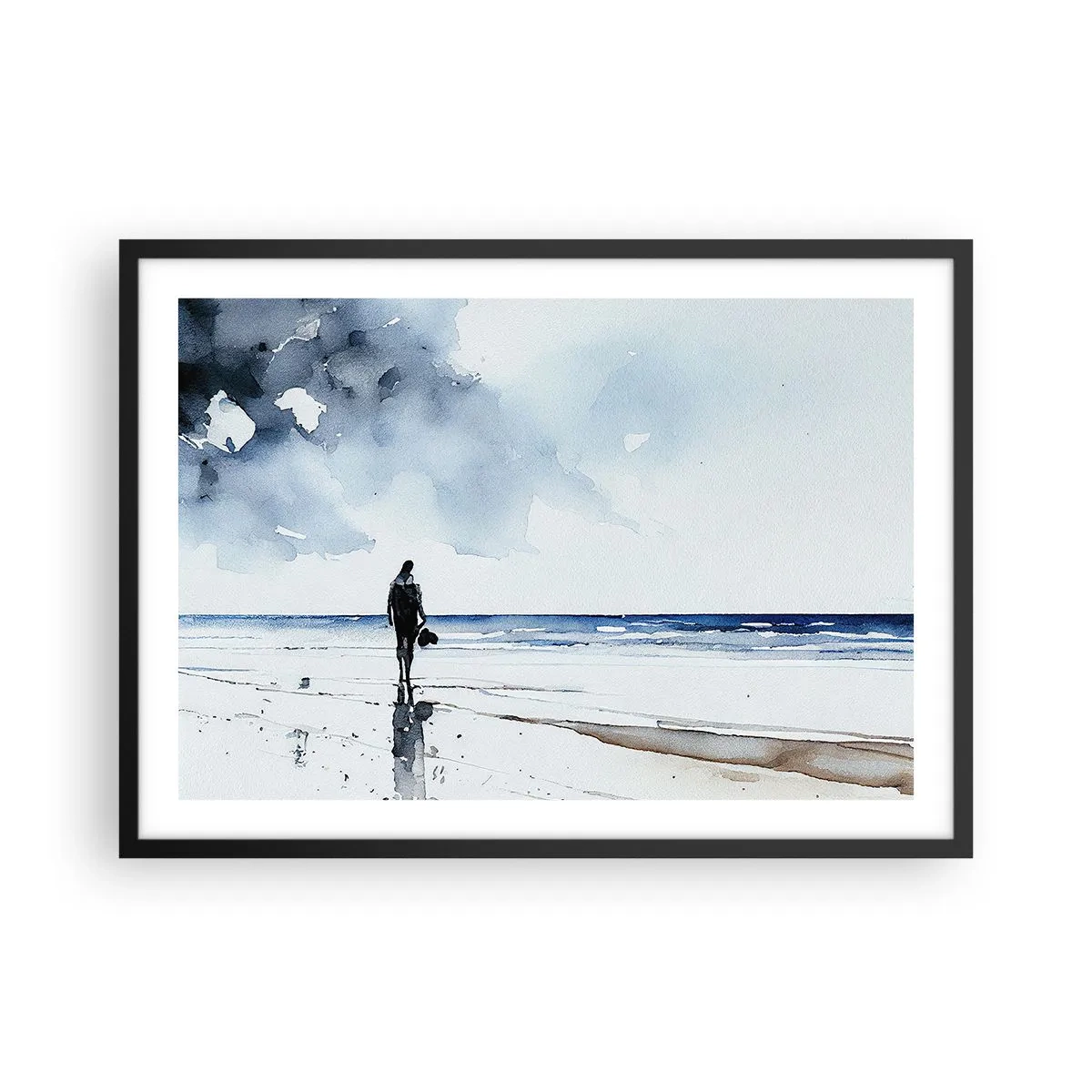 Póster en marco negro - Una figura en una playa en un entorno de mar tranquilo. - 70x50cm - Conversación con el mar - Decoración de pared moderna para salón y dormitorio ARTTOR
