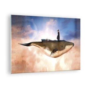 Cuadro sobre vidrio - Impresiones sobre Vidrio - Una ballena de fantasía flotando en las nubes con una mujer en su espalda. - 70x50cm - Un viaje surrealista - Decoración de pared moderna para salón y dormitorio ARTTOR