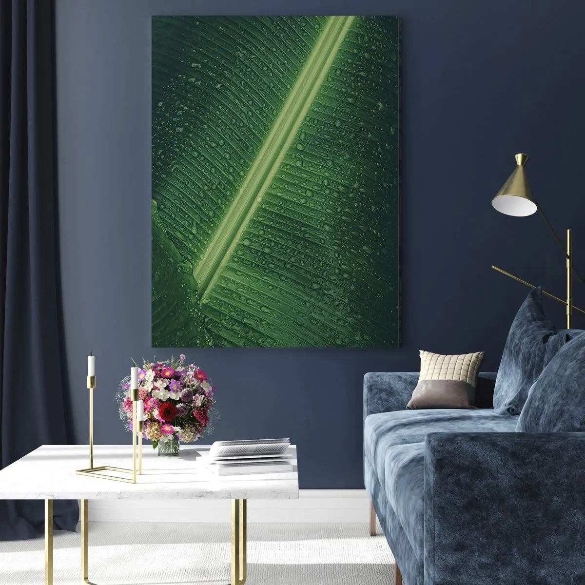 Cuadro sobre vidrio - Impresiones sobre Vidrio - Primer plano de una hoja verde con gotas de agua. - 50x70cm - Estructura del verde - Decoración de pared moderna para salón y dormitorio ARTTOR