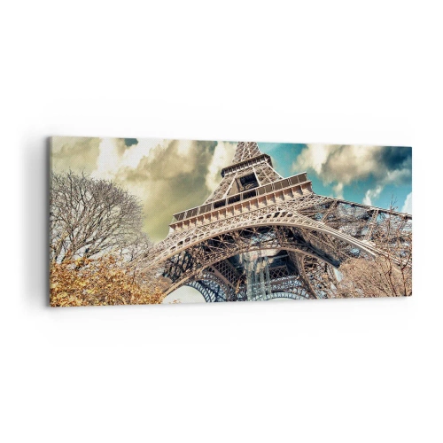 Cuadro sobre lienzo - Impresión de Imagen - La Torre Eiffel desde abajo en un entorno otoñal - 120x50cm - Y en París, en otoño... - Decoración de pared moderna para salón y dormitorio ARTTOR