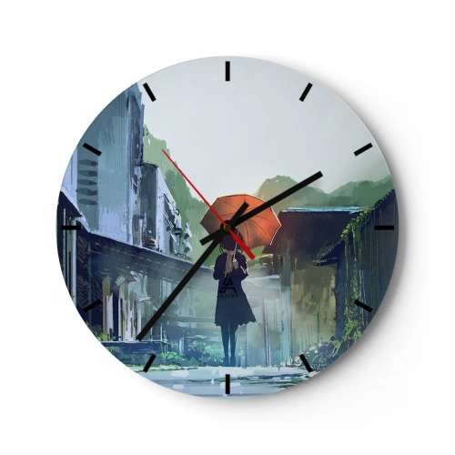 Reloj de pared - Reloj de vidrio - Una figura con un paraguas en una calle lluviosa. - 30x30cm - Una lluvia revitalizante - Decoración de pared moderna para salón, cocina y dormitorio ARTTOR