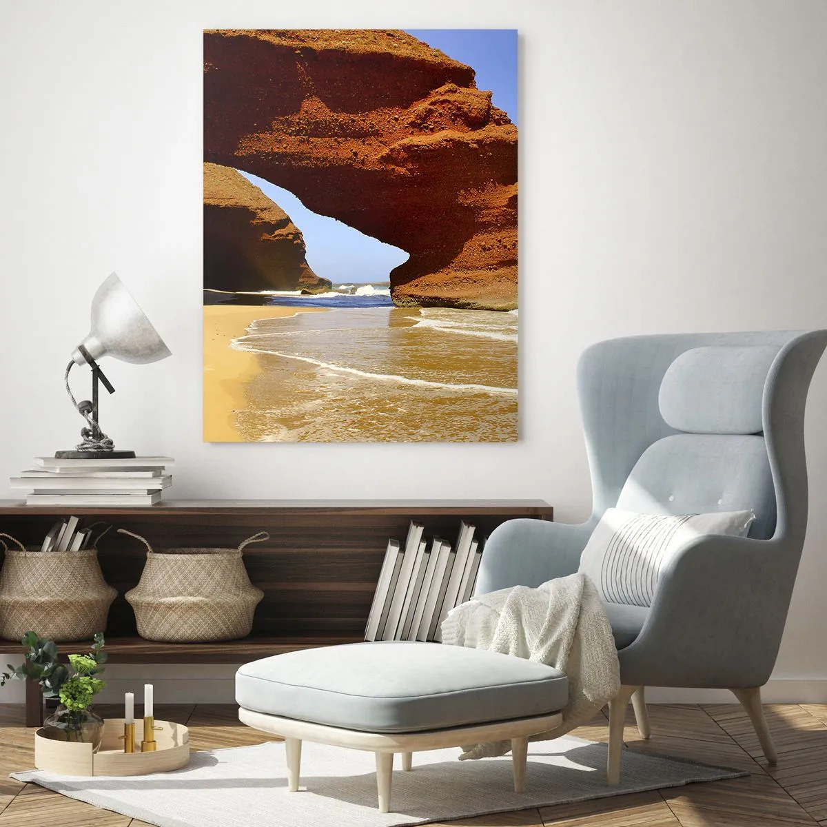Cuadro sobre vidrio - Impresiones sobre Vidrio - Un arco de roca natural en una playa con cielos azules y olas. - 70x100cm - El agua y el viento a través de miles de años - Decoración de pared moderna para salón y dormitorio ARTTOR