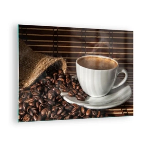 Cuadro sobre vidrio - Impresiones sobre Vidrio - Una taza de café con granos sobre un fondo rústico. - 70x50cm - La negrura del carbón, la transparencia del ámbar - Decoración de pared moderna para salón y dormitorio ARTTOR