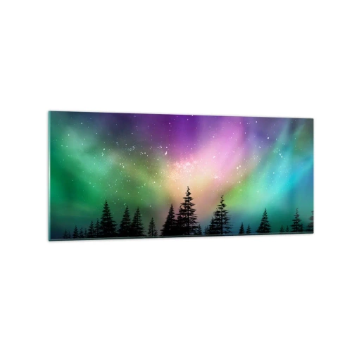 Cuadro sobre vidrio - Impresiones sobre Vidrio - Aurora boreal sobre un bosque con cielo estrellado - 120x50cm - Magia blanca - Decoración de pared moderna para salón y dormitorio ARTTOR