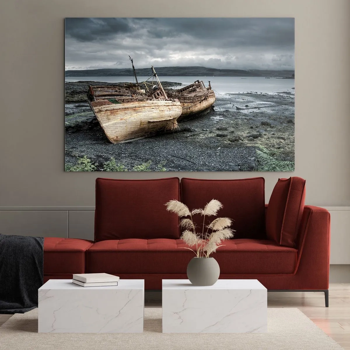 Cuadro sobre vidrio - Impresiones sobre Vidrio - Dos barcos de madera destartalados en la orilla rocosa del lago - 100x70cm - Muestra de un trabajo dignamente realizado - Decoración de pared moderna para salón y dormitorio ARTTOR