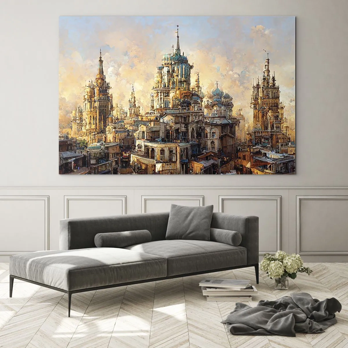 Cuadro sobre vidrio - Impresiones sobre Vidrio - Un fantástico panorama de la ciudad con torres y palacios. - 70x50cm - Una ciudad de ciudades - Decoración de pared moderna para salón y dormitorio ARTTOR