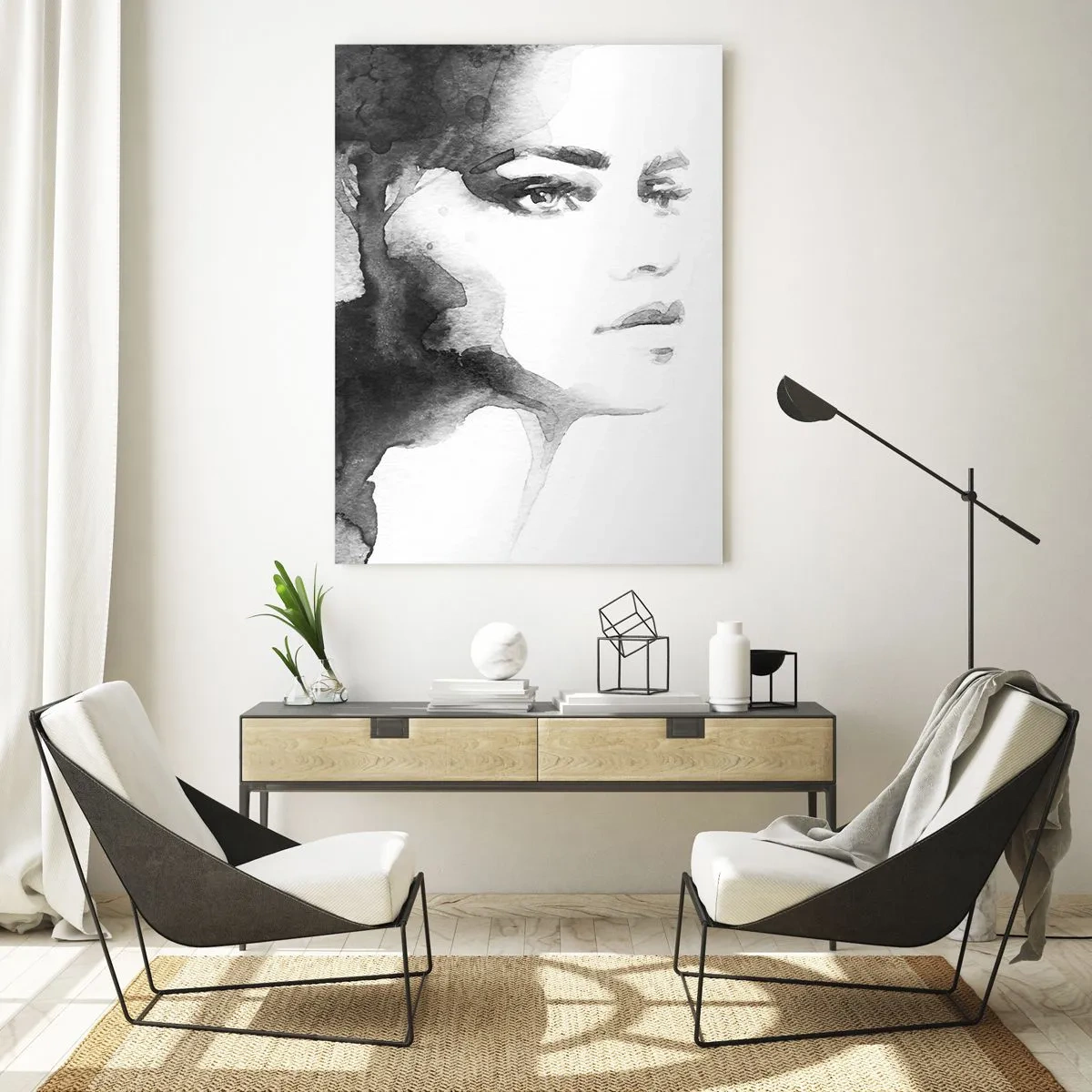 Cuadro sobre vidrio - Impresiones sobre Vidrio - Retrato en acuarela en blanco y negro de una mujer - 50x70cm - Hecho de misterio y niebla - Decoración de pared moderna para salón y dormitorio ARTTOR