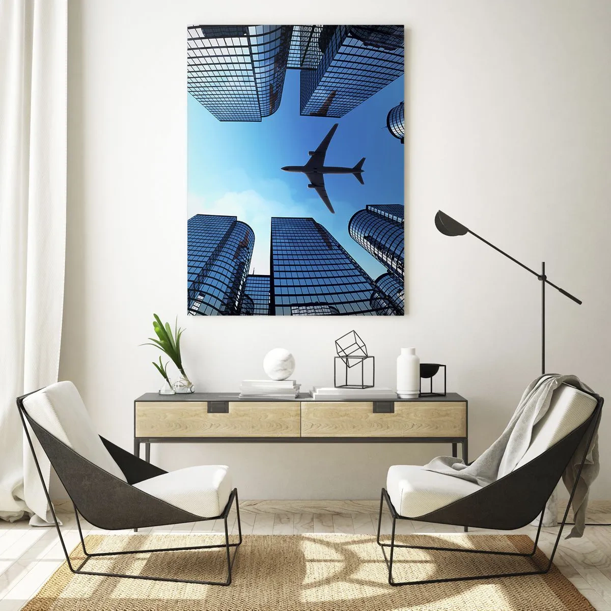 Cuadro sobre vidrio - Impresiones sobre Vidrio - Un avión volando sobre modernos rascacielos en el centro de la ciudad. - 70x100cm - La vista desde el abismo de cristal - Decoración de pared moderna para salón y dormitorio ARTTOR