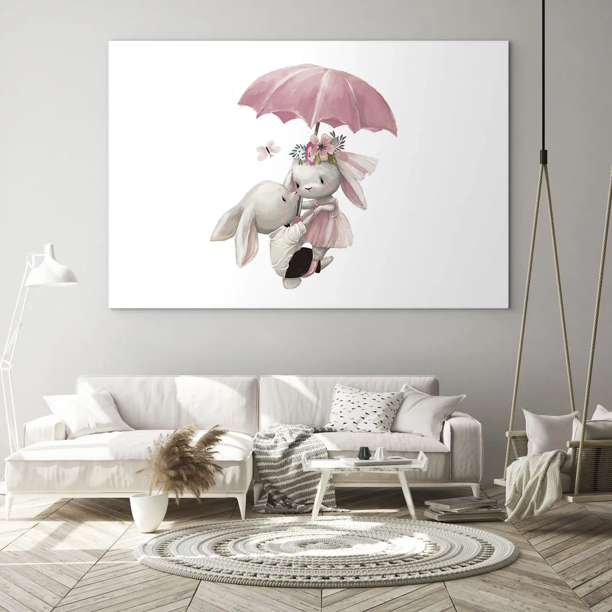 Cuadro sobre vidrio - Impresiones sobre Vidrio - Dos conejos bajo una sombrilla rosa en una escena romántica. - 70x50cm - Esto es amor - Decoración de pared moderna para salón y dormitorio ARTTOR