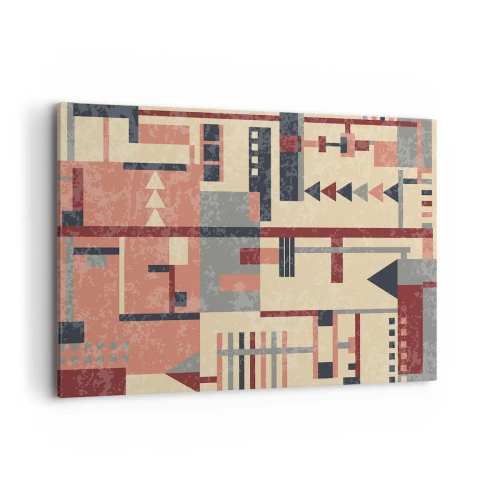 Cuadro sobre lienzo - Impresión de Imagen - Patrón geométrico en tonos pastel beige, rojo y gris. - 100x70cm - Una combinación de verticales y niveles - Decoración de pared moderna para salón y dormitorio ARTTOR