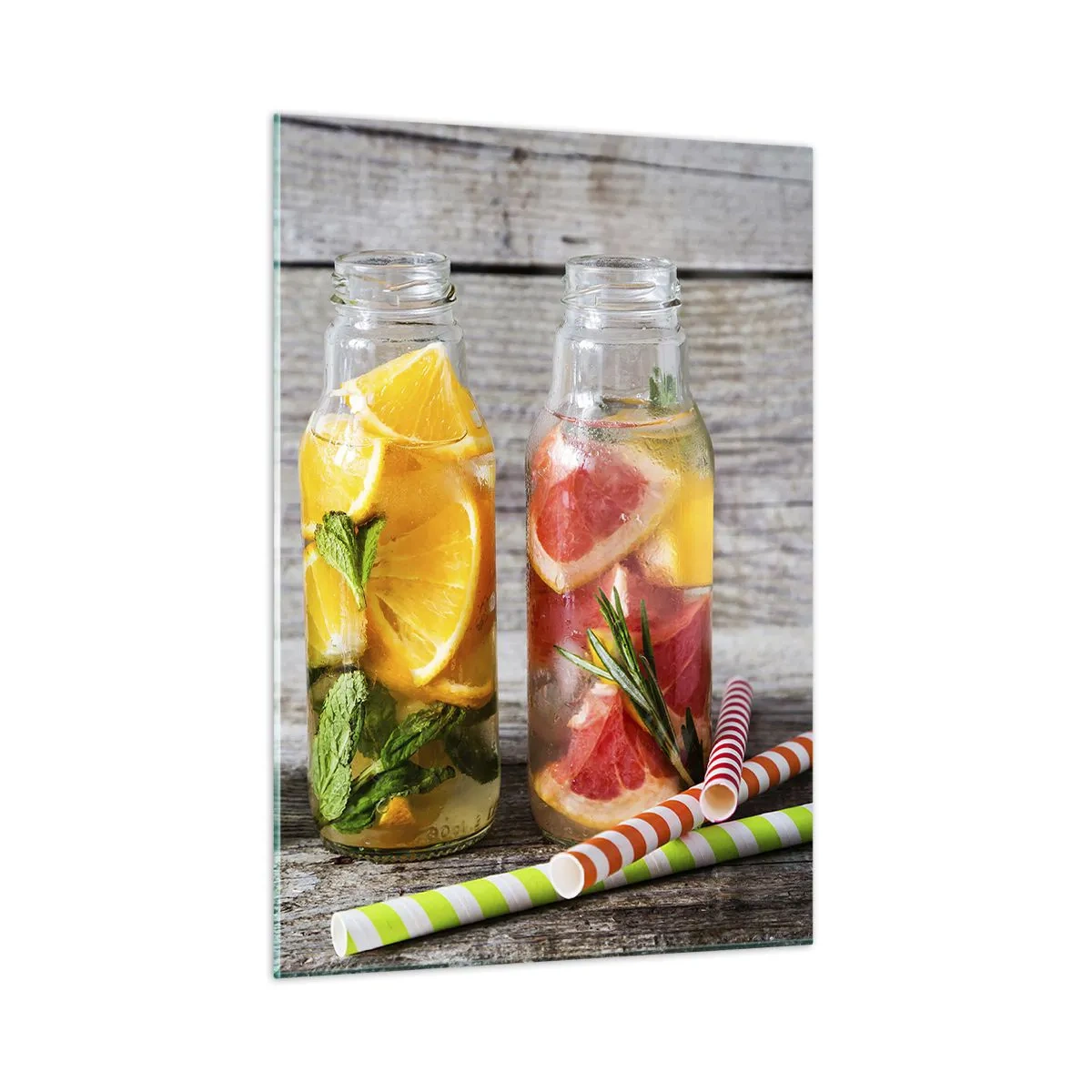 Cuadro sobre vidrio - Impresiones sobre Vidrio - Botellas de agua de frutas y hierbas sobre un fondo de madera. - 50x70cm - Saludable por naturaleza - Decoración de pared moderna para salón y dormitorio ARTTOR