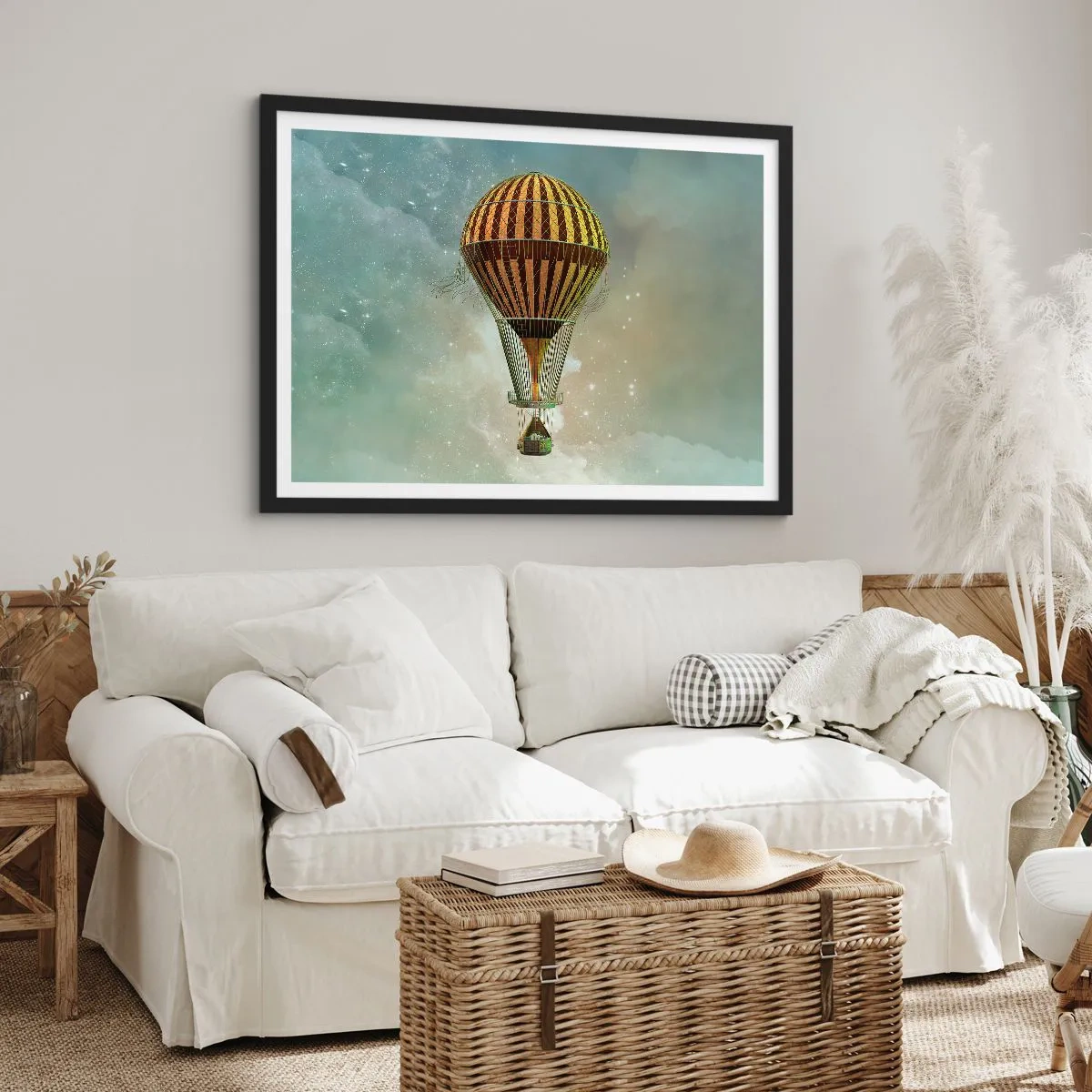 Póster en marco negro - Un globo aerostático flotando entre las nubes. - 70x50cm - Vuelos pioneros - Decoración de pared moderna para salón y dormitorio ARTTOR