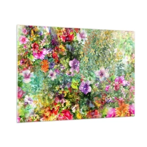Cuadro sobre vidrio - Impresiones sobre Vidrio - Flores coloridas en una composición artística. - 100x70cm - En flores a la perdición - Decoración de pared moderna para salón y dormitorio ARTTOR